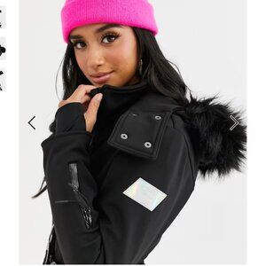 Sold out Petite ski fitted belted ski suit with faux fur hood ASOS 4505